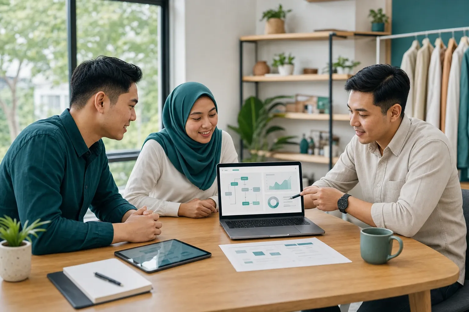 Asian Malaysian SME owners reviewing a clear, findable website with a consultant.