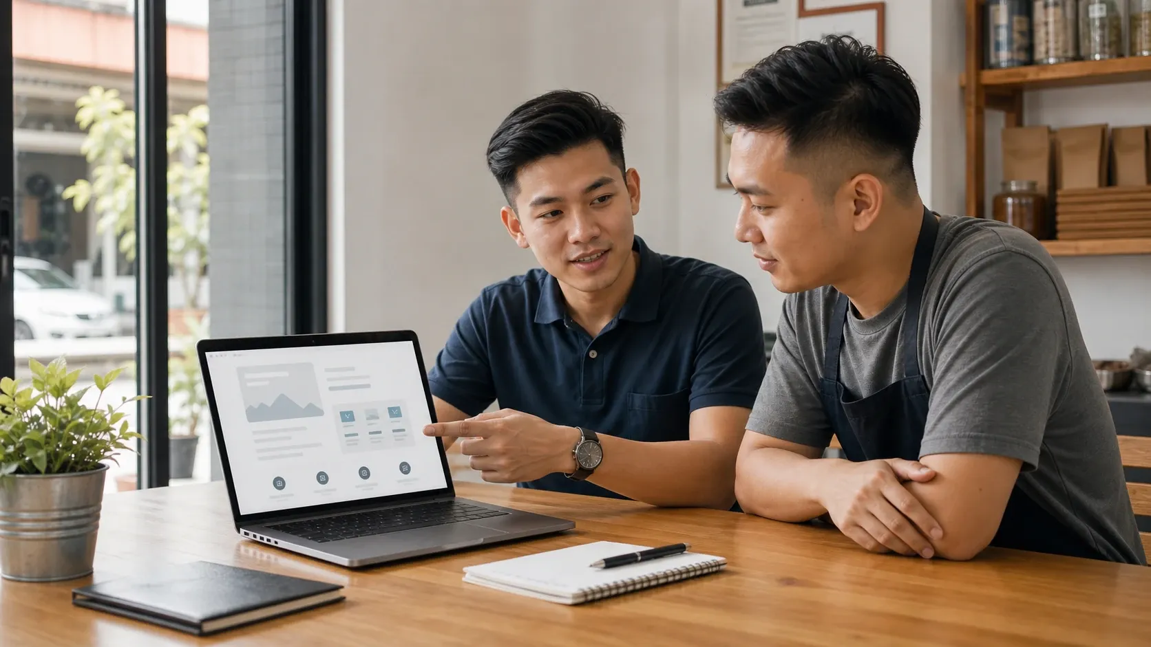 Asian Malaysian service business owner reviewing a clearer website structure with a consultant.