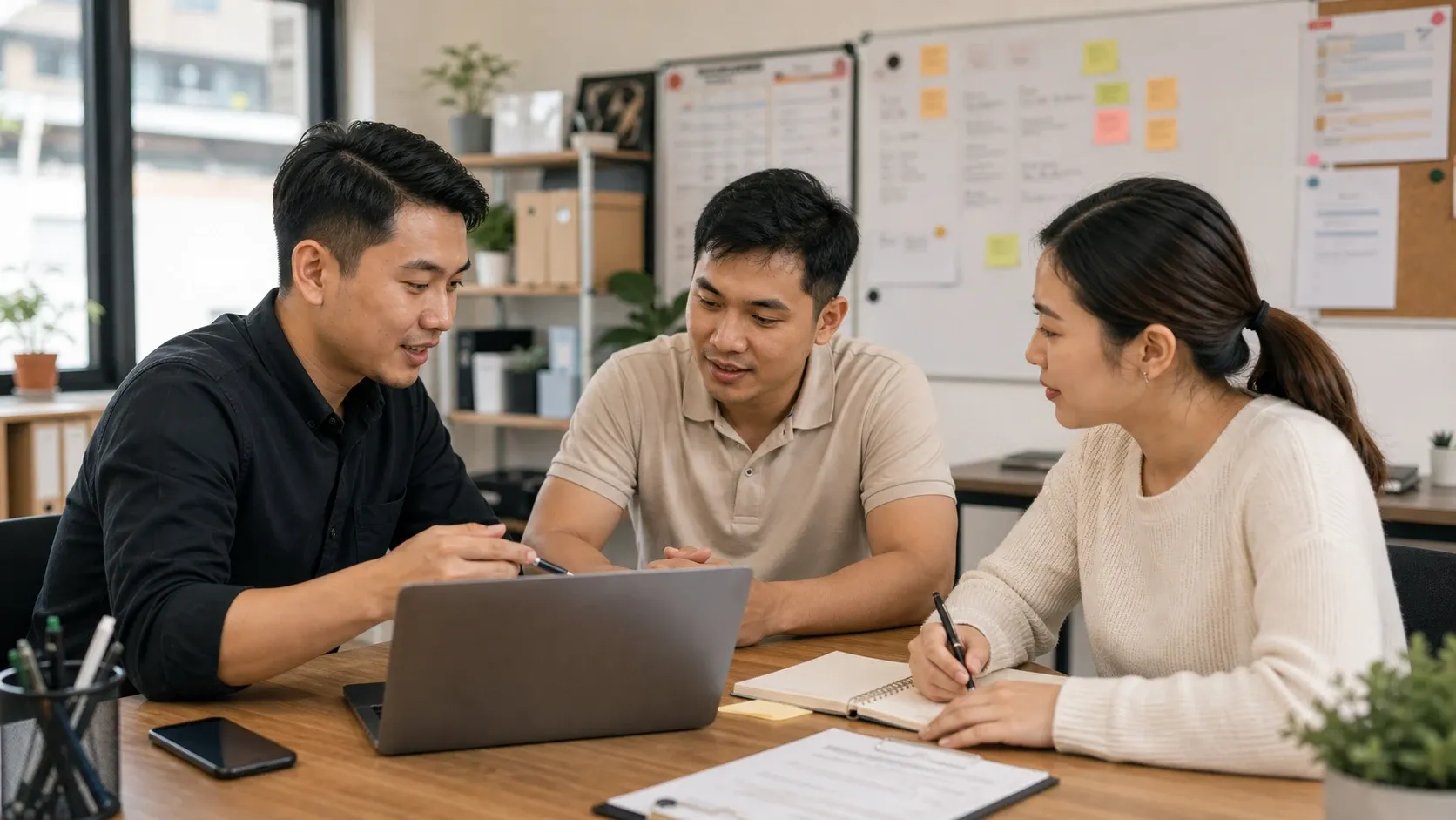 Asian Malaysian SME owner reviewing how the website appears to AI and search with a consultant.