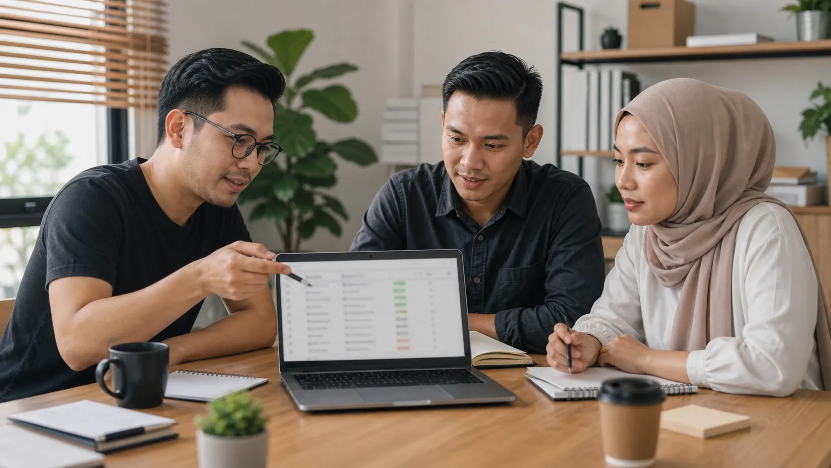 Asian Malaysian SME owner reviewing search findability with a consultant.
