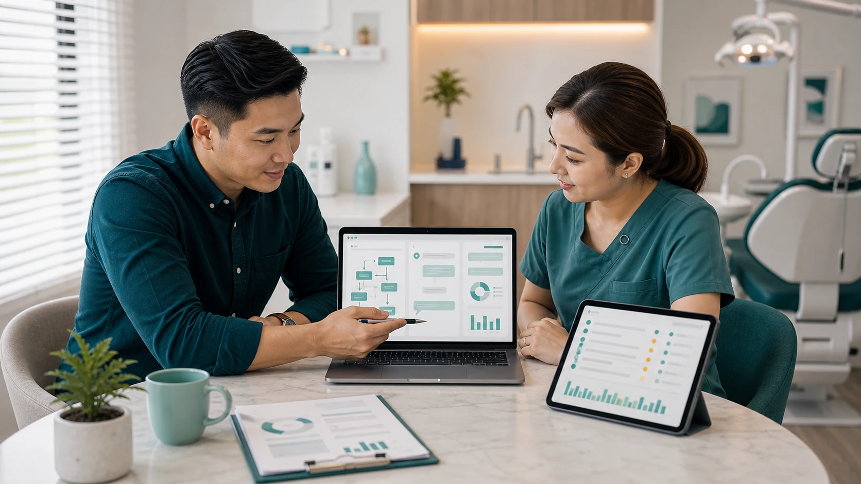 Asian Malaysian dental clinic owner reviewing a clear, findable clinic website with a consultant.