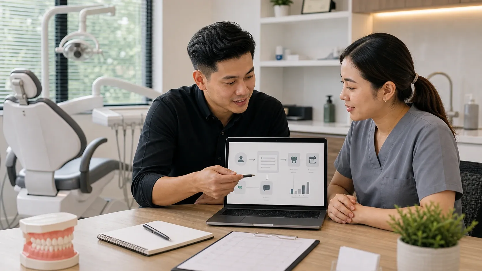 Asian Malaysian dental clinic owner reviewing a clear clinic website with a consultant.