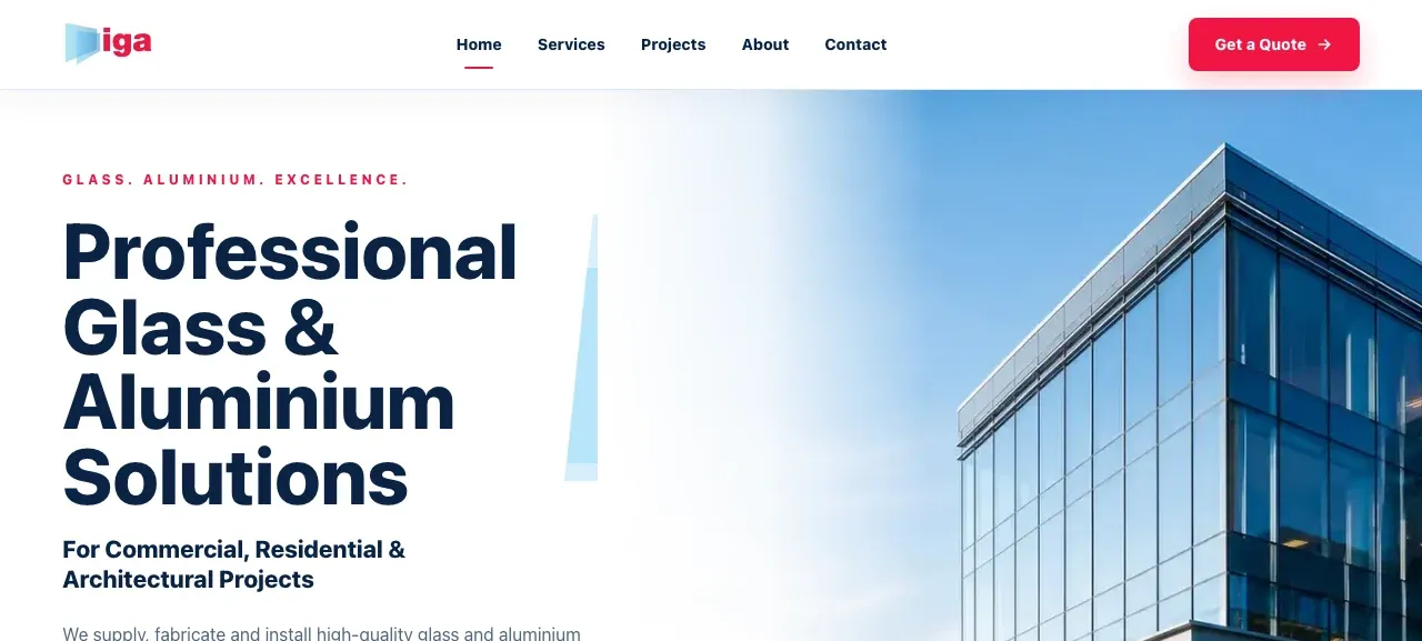 Homepage of a glass and aluminium contractor website concept, with service navigation and a quote call to action.