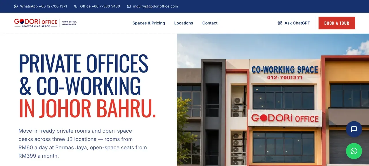 Godori Office homepage screenshot with private office and co-working positioning for Johor Bahru, pricing entry points, and a book-a-tour call to action.
