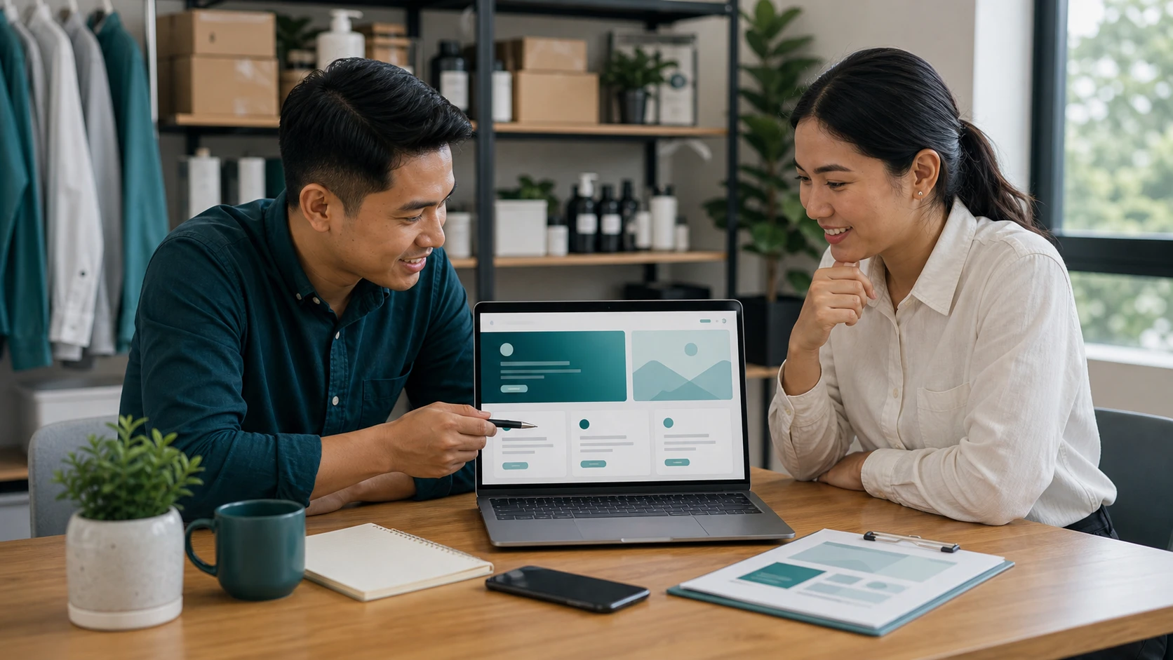 Asian Malaysian service business owner reviewing a clearer website structure with a consultant.