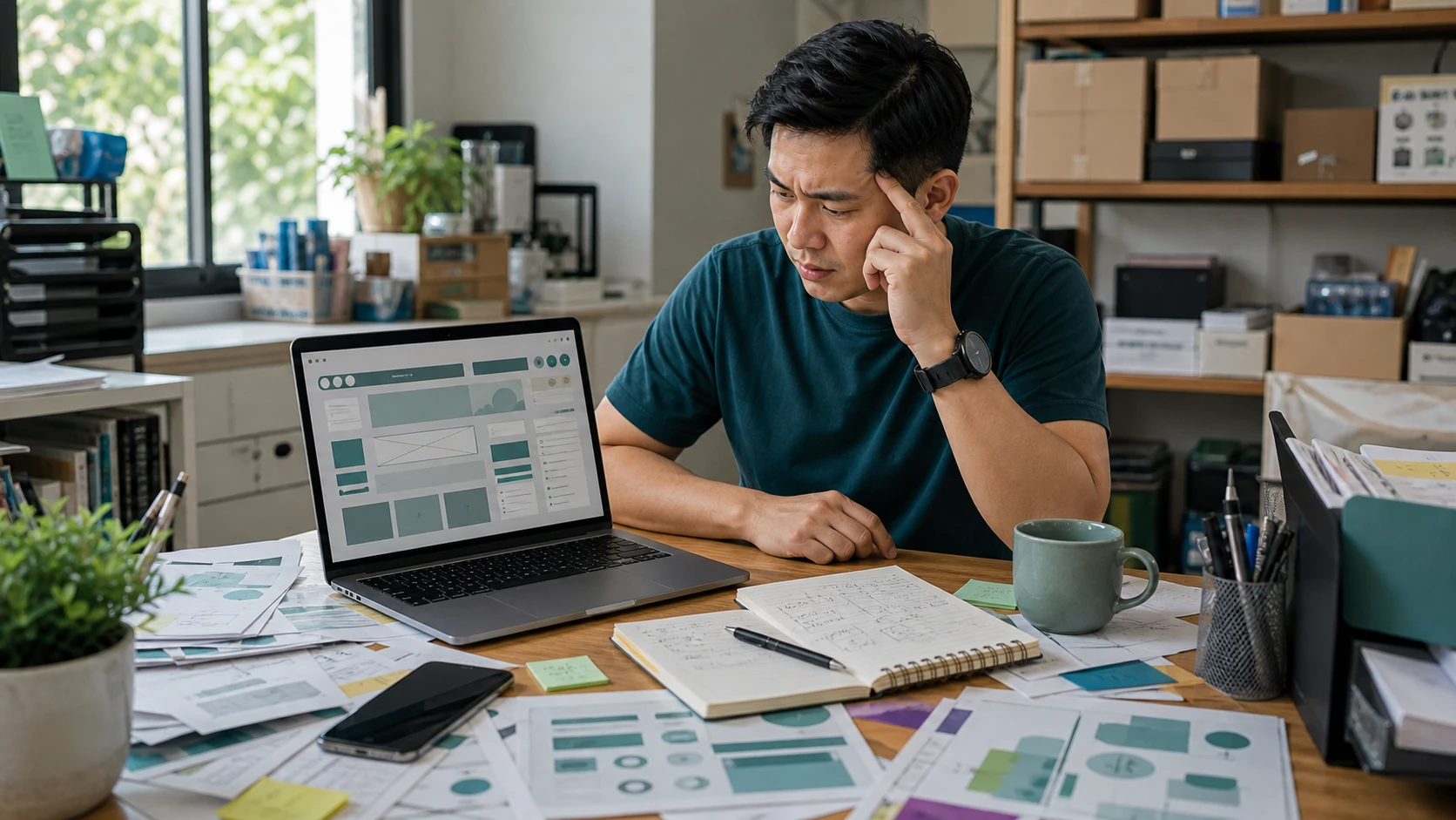 Asian Malaysian service business owner reviewing an unclear website and scattered notes.