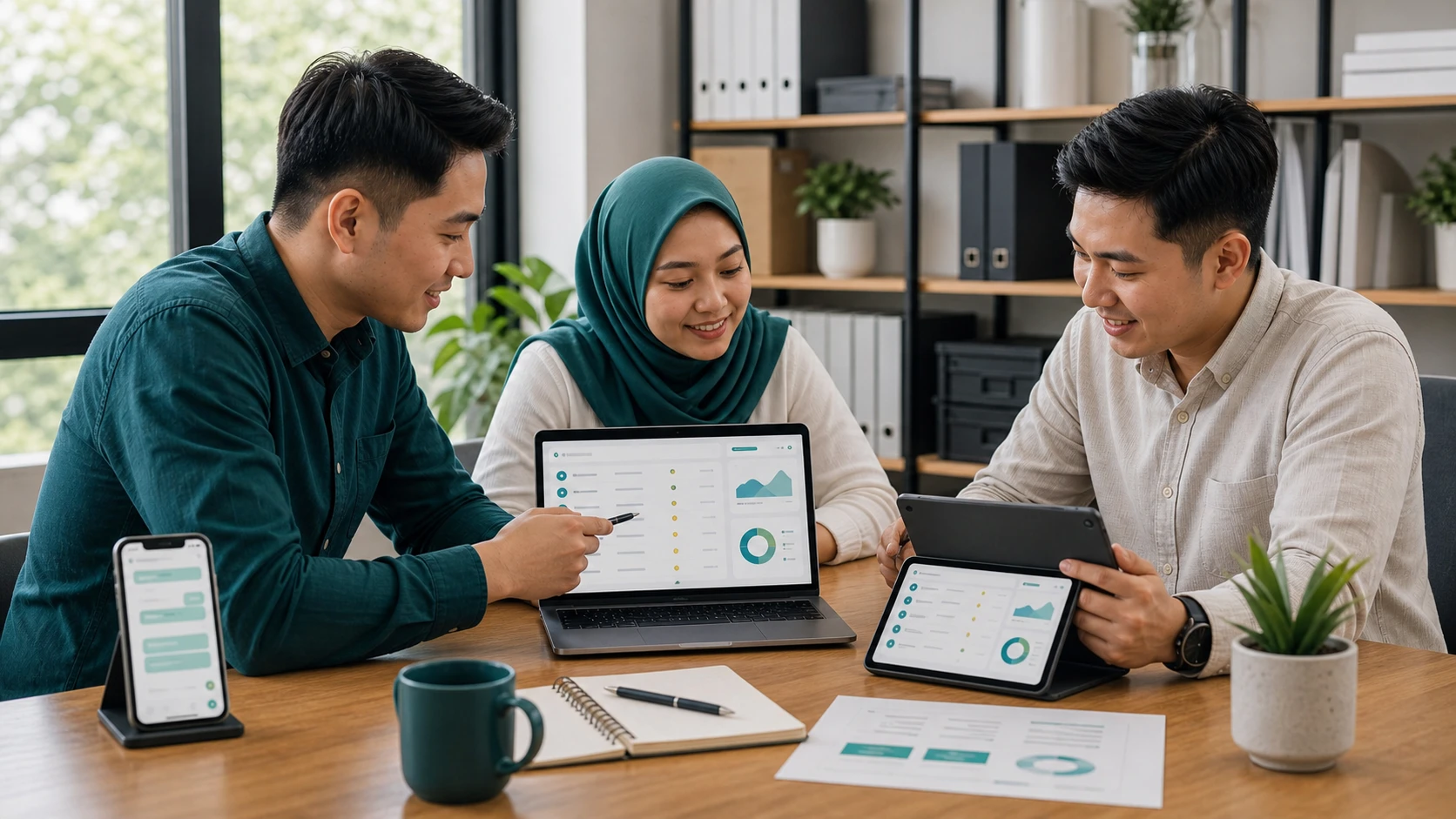 Asian Malaysian SME owner reviewing search findability with a consultant.